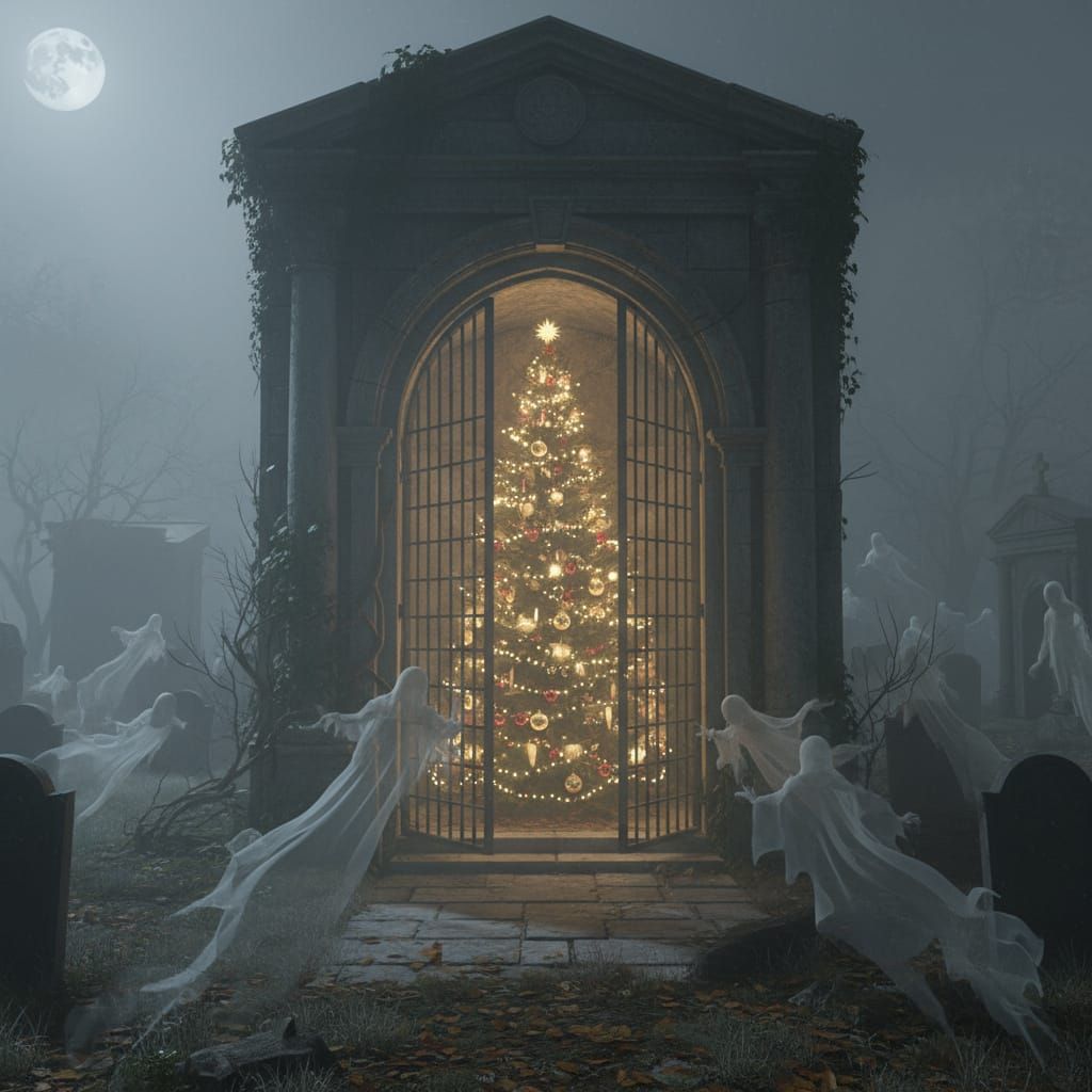 Ghostly Christmas Crypt in Foggy Graveyard