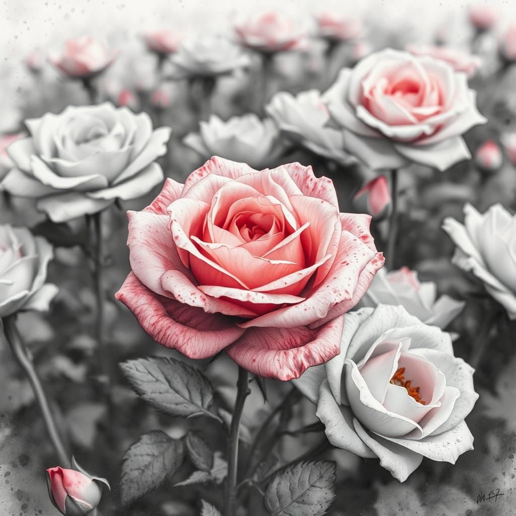 Pink Rose Blooms in Gray Field, Watercolor Style