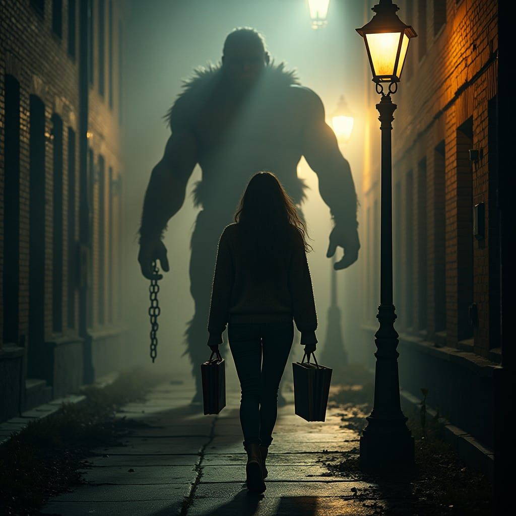 Cozy Student Confronts Dark Figure in Foggy College Courtyar...