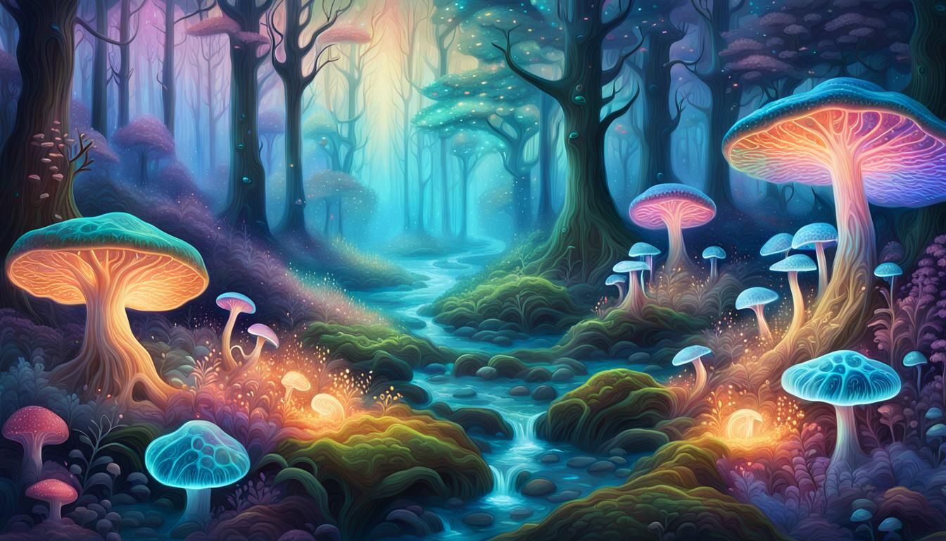 Bioluminescent Fantasy Forest in Vibrant Light