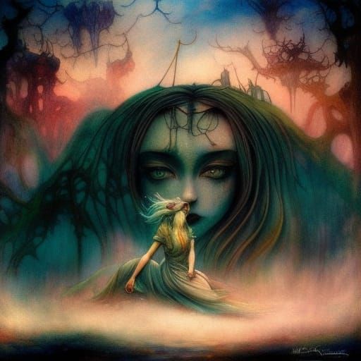 Red-Haired Girl in Post-Apocalyptic Wonderland, Art Nouveau ...