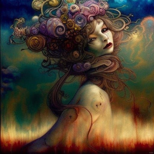 Fantasy Girl in Red Hair, Magical Painting