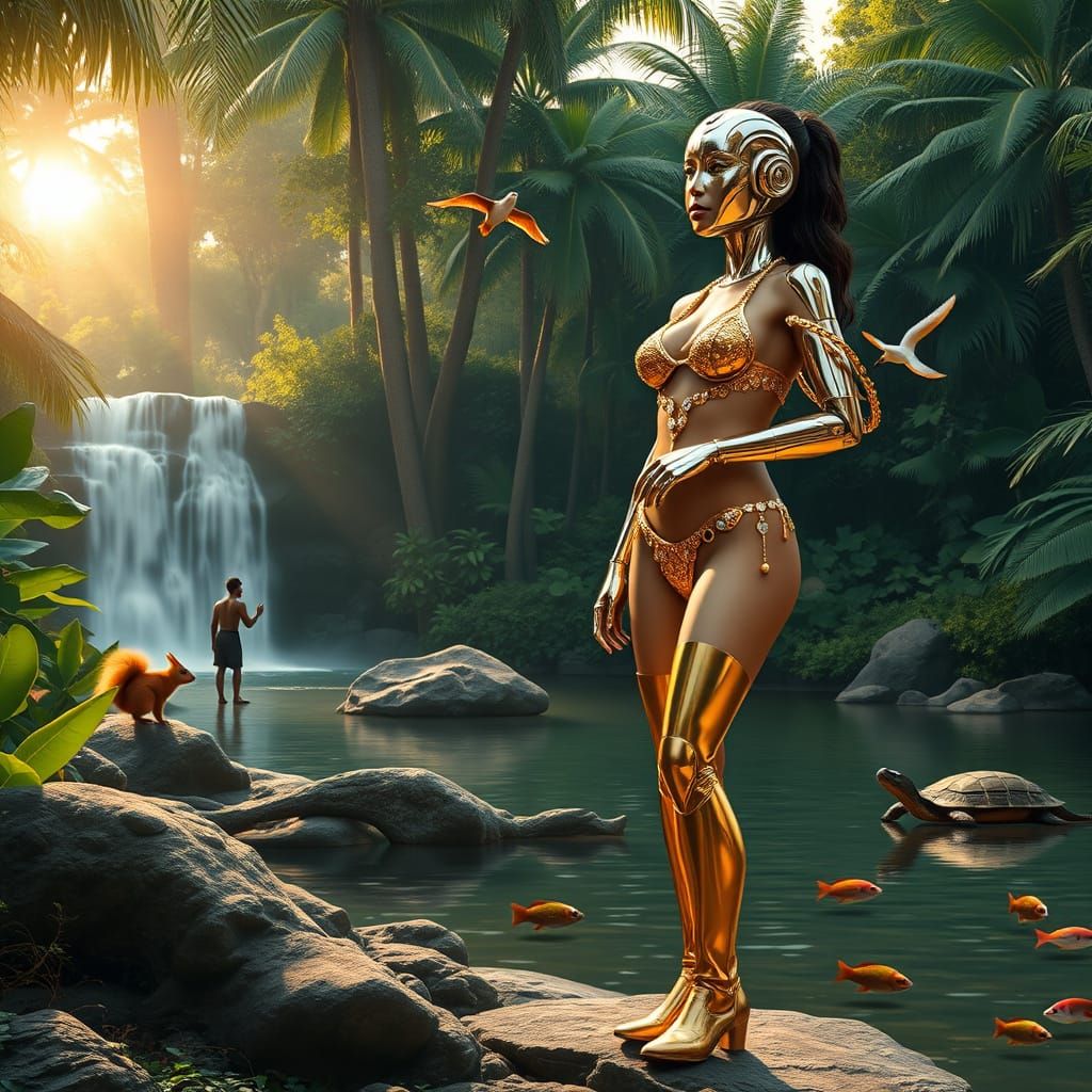 Lush Tropical Jungle Scene with Hyperrealistic Robot and Hum...