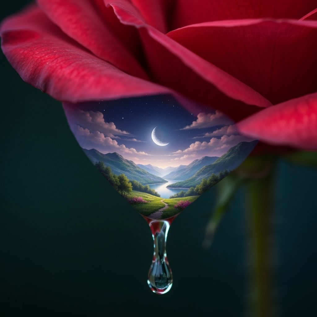 Macro Rose Photo with Fantasy Moon Scene Double Exposure
