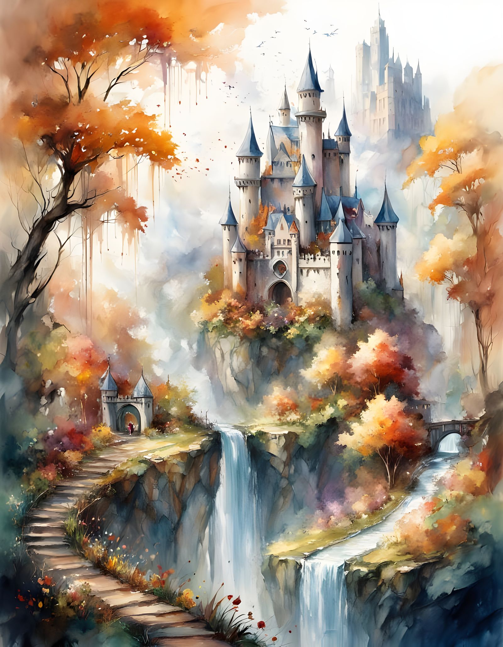 Fantasy Village and Castle in Watercolor Style