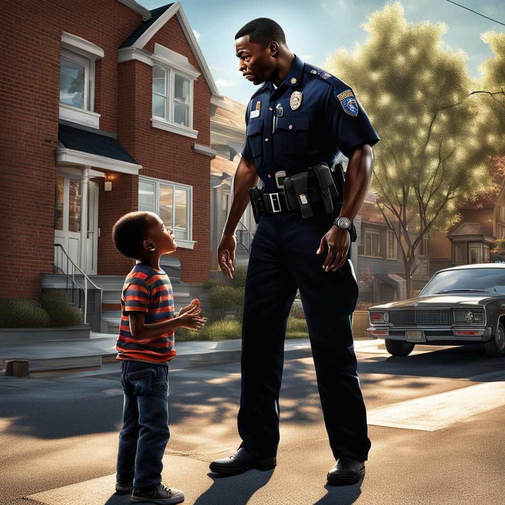 Happy Black Policeman Talking to a Child