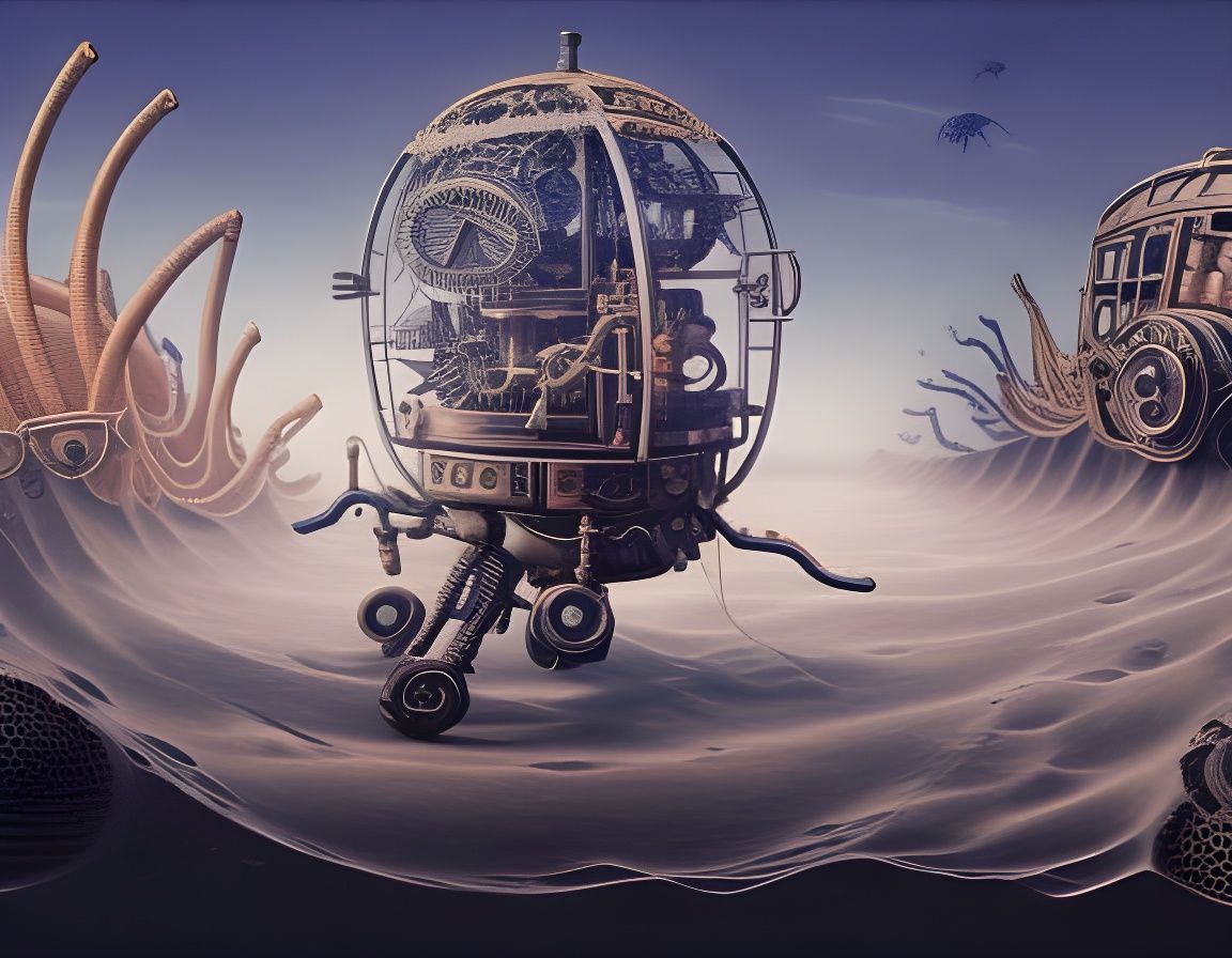 Steampunk Beach with Mechanical Sea Creatures