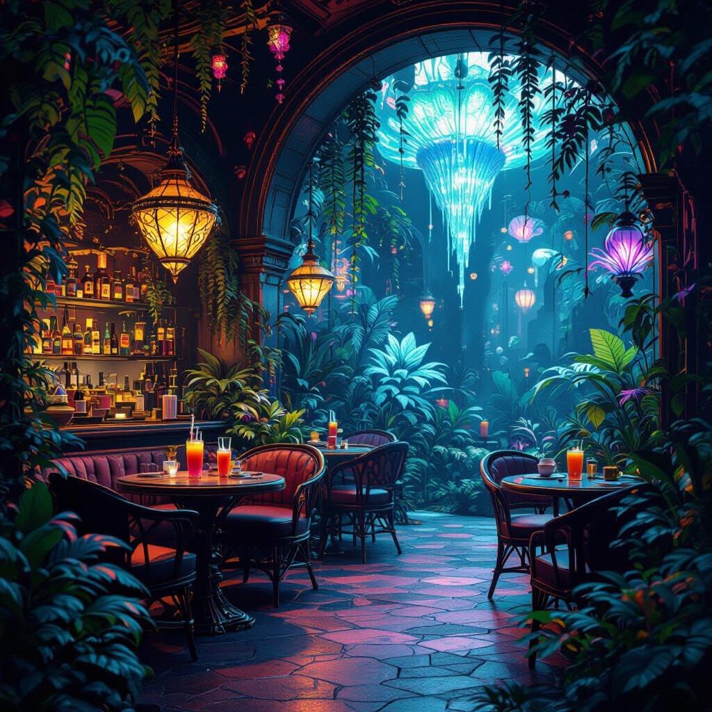 Enchanted Alien Rainforest Cafe in Matte Painting Style