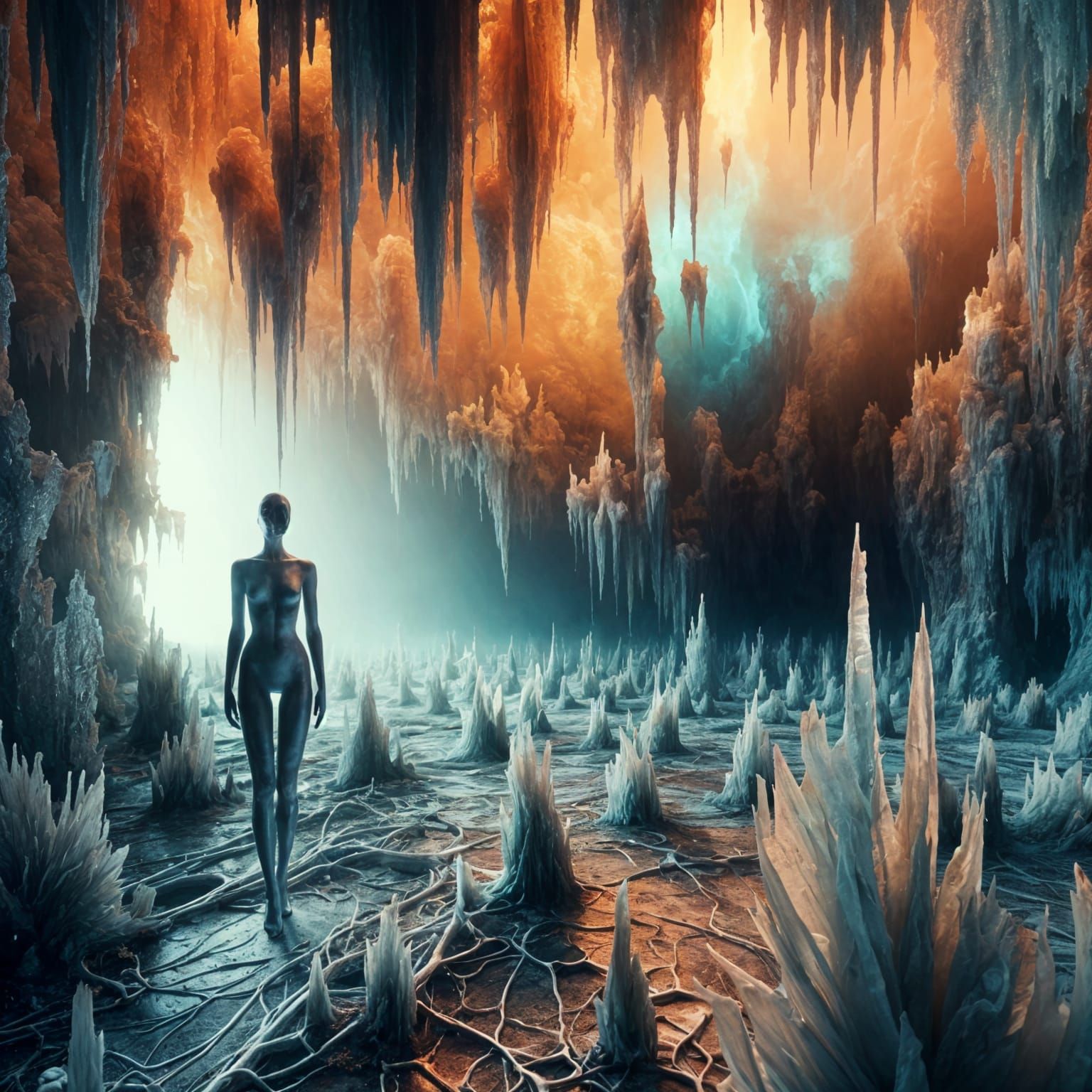 Eerie Mannequin in Supernatural Landscape with Teardrop Burs...