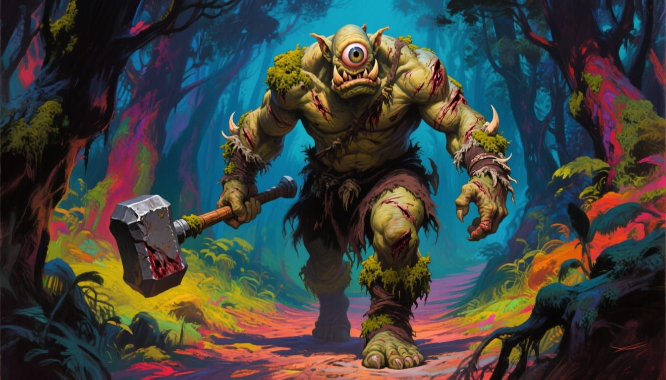 Lichen-Covered Cyclops with Club in Fantasy Forest