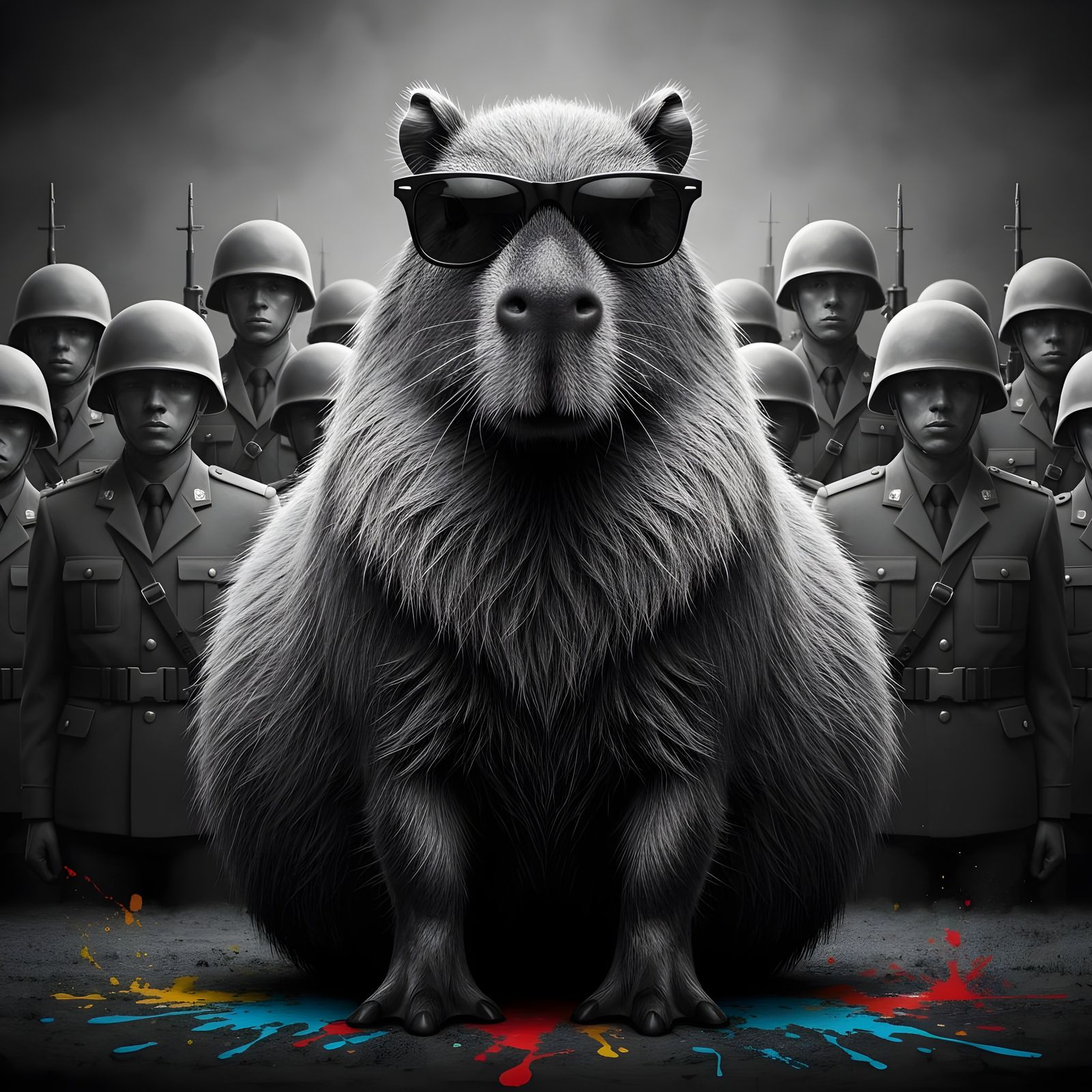 Capybara as Pinochet with Sunglasses Among Soldiers