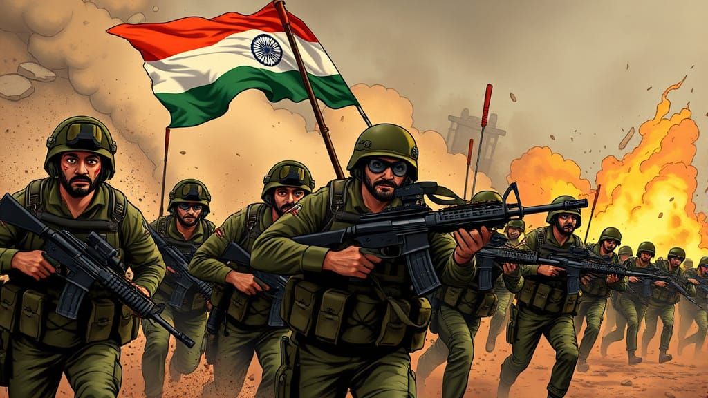 Indian Warriors in Combat, with Tiranga Flag Raised High