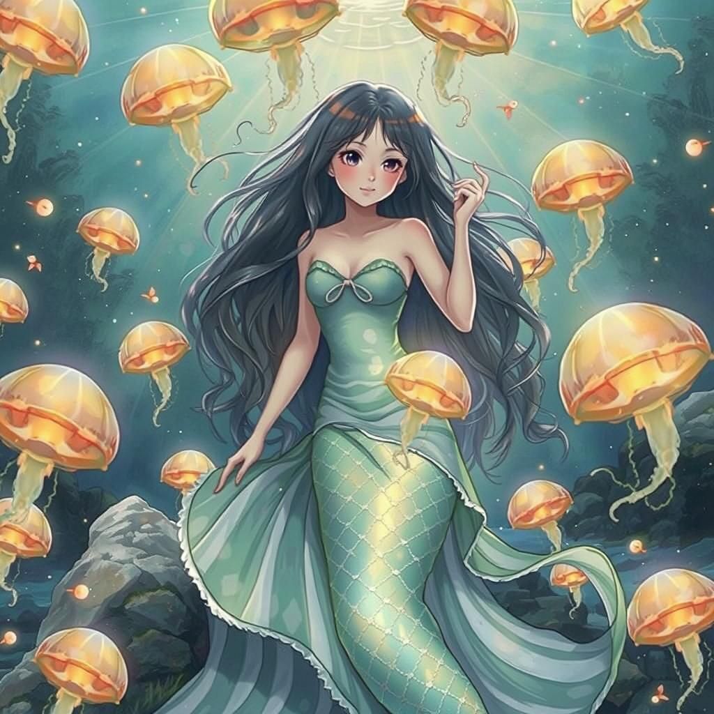 Anime Mermaid with Jellyfish Lanterns in Ghibli Style