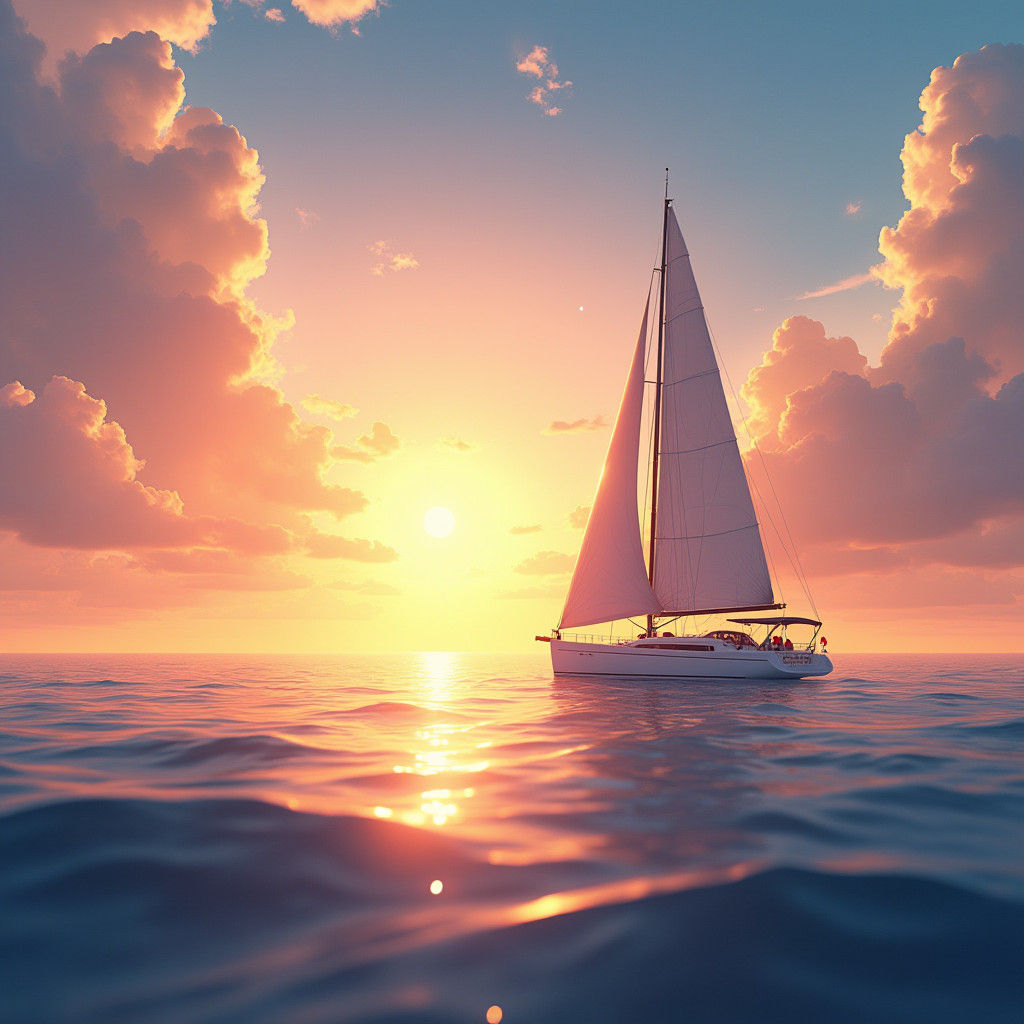 Sunrise Yacht in Ocean: Anime Style 3D Art