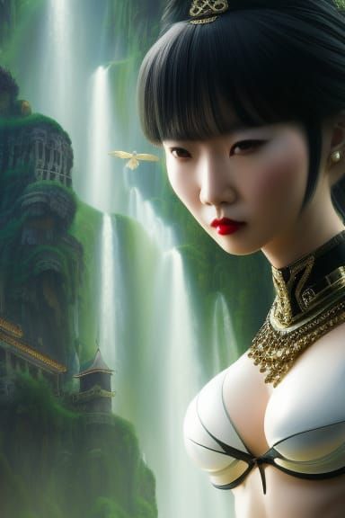 Japanese Giantess Over Miniature City, Intricate Artwork