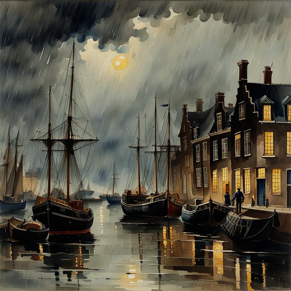 Moody Watercolor of a 19th Century Dutch Harbor