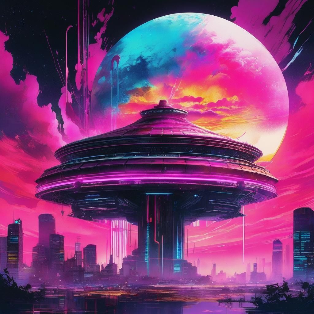 Surreal Pie Design in Cyberpunk Watercolor Style