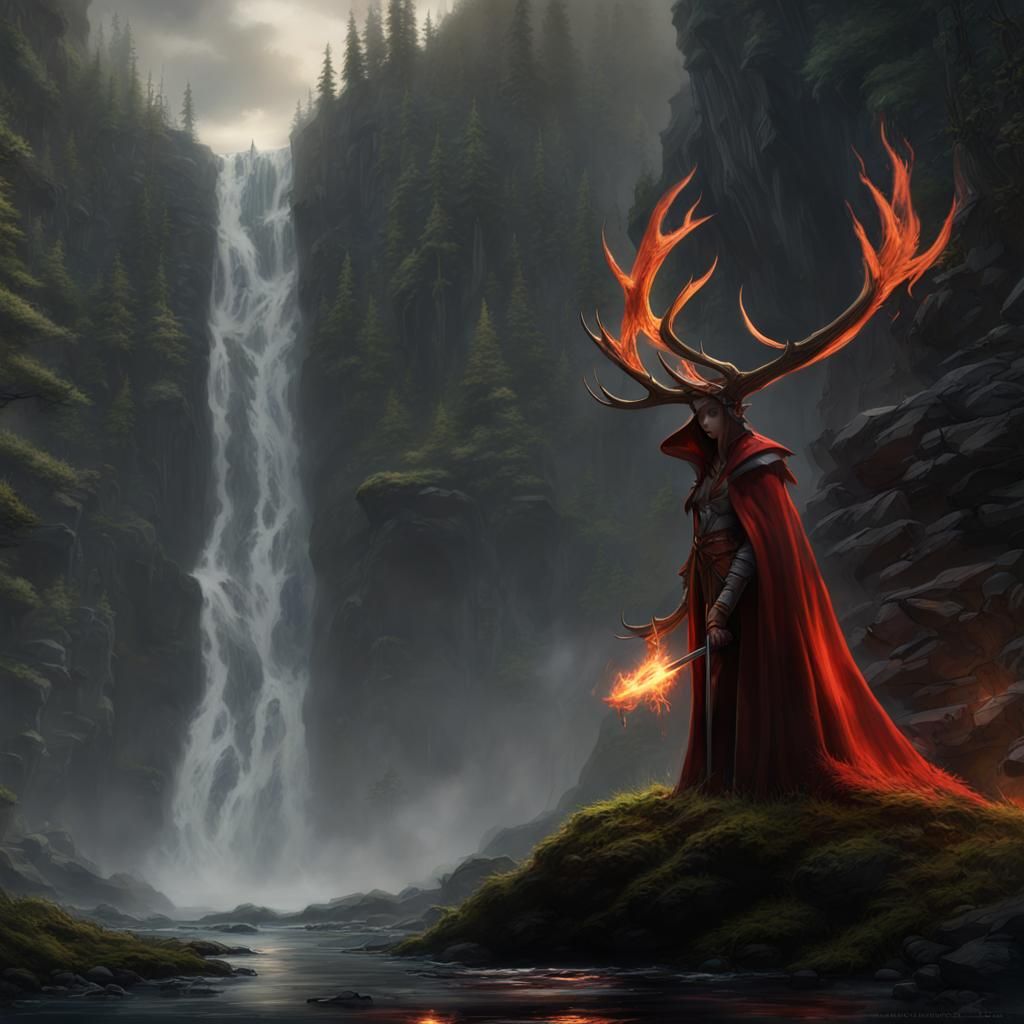 Dark Fantasy Woman in Forest by River