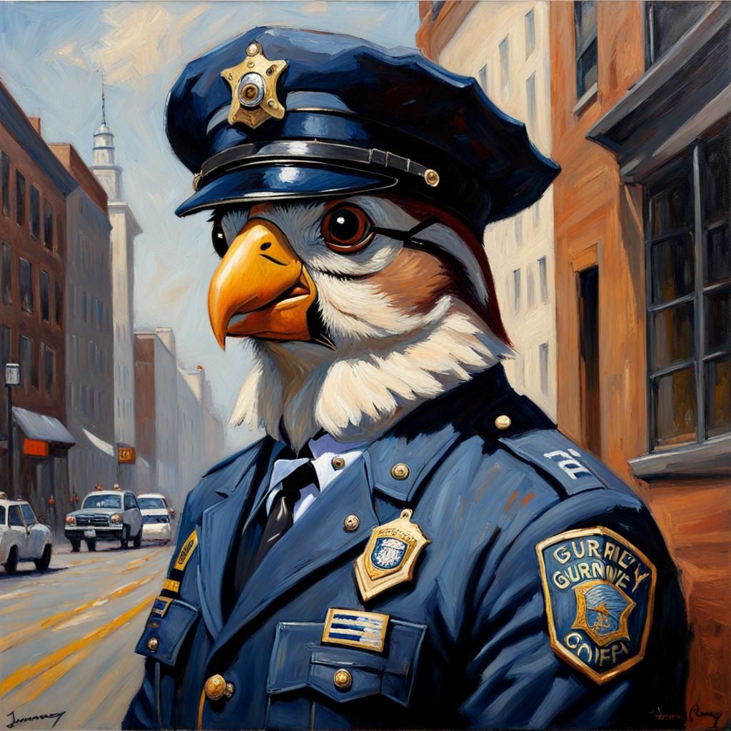 Sparrow as Police Officer: Oil Painting