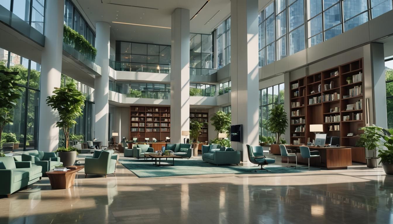 Luxury Hotel Lobby with Green Cityscape View