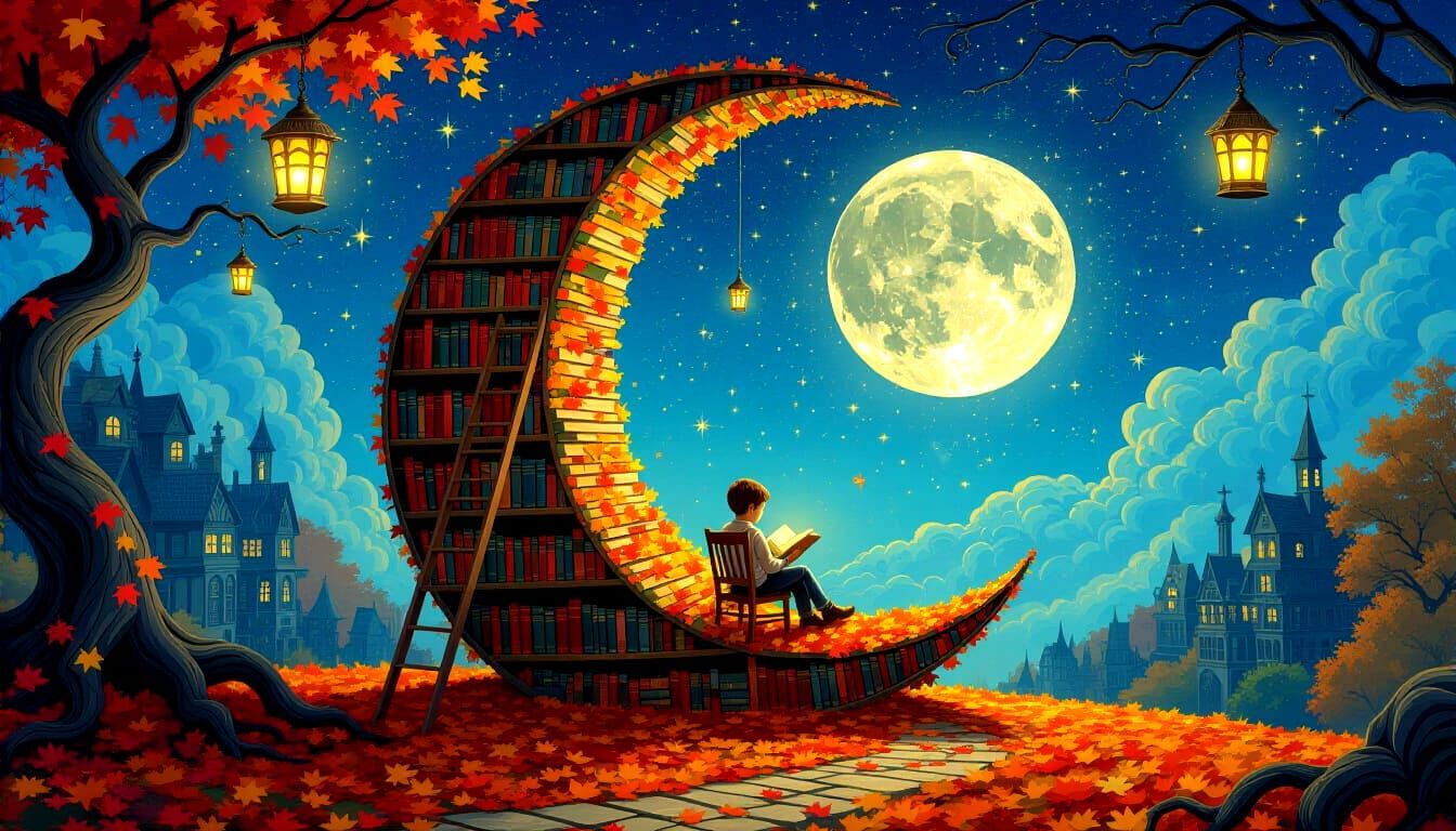 Surreal Autumn Library with Boy Reading Under Moon