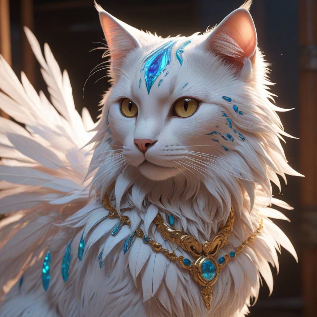 Regal, Iridescent Feline in Ancient Mystical Patterns, 3D An...