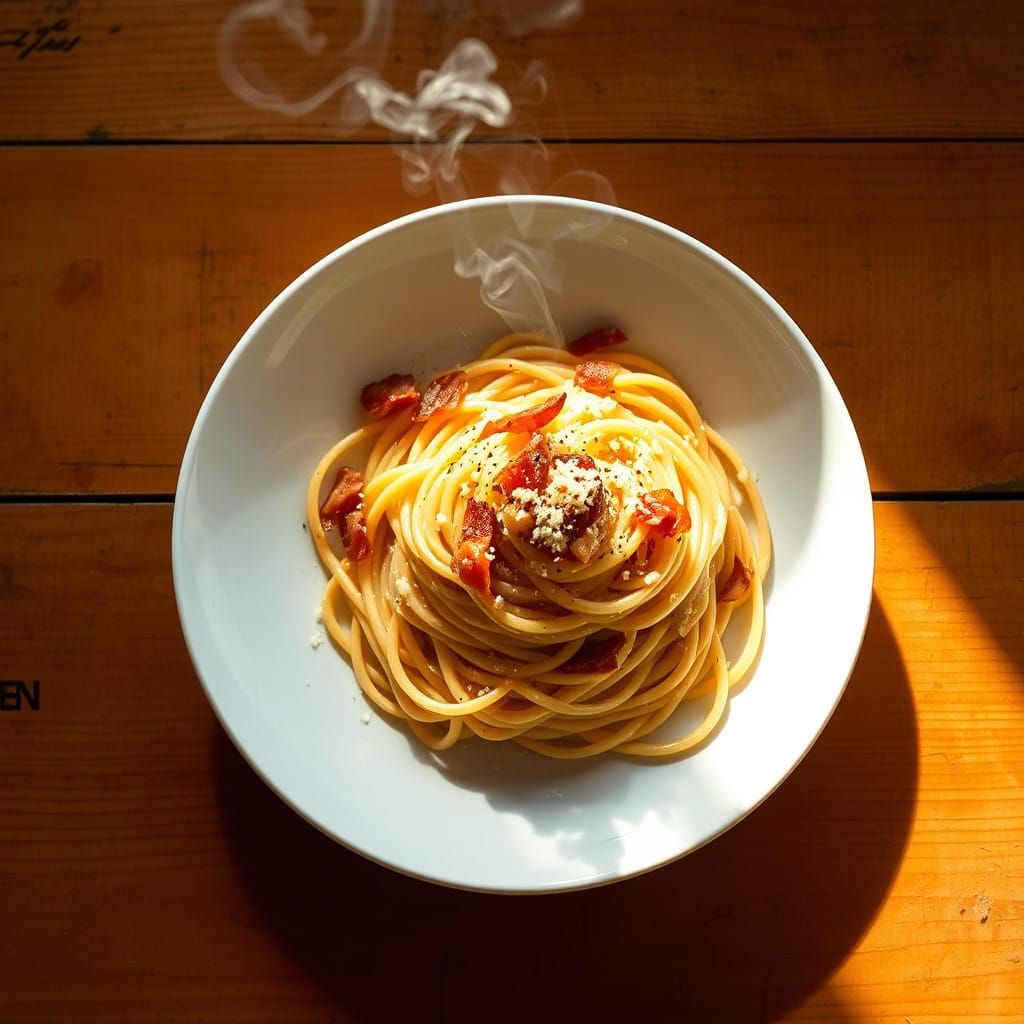 Italian Still Life: Creamy Spaghetti alla Carbonara on White...