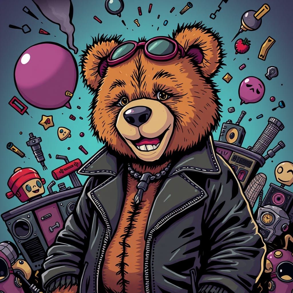 Teddy Bear in Leather Jacket, Playful Chaos Art
