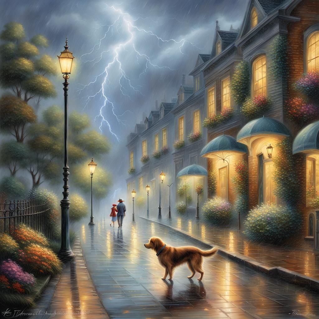 Dog Walks in Rain, Ethereal Fantasy Art