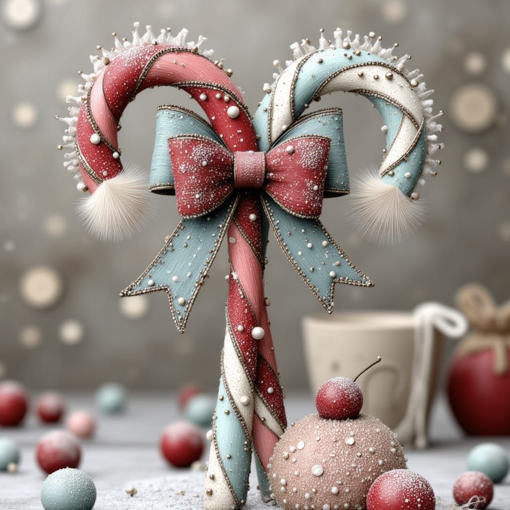Two Candy Canes Tied With Bows in Red and Teal