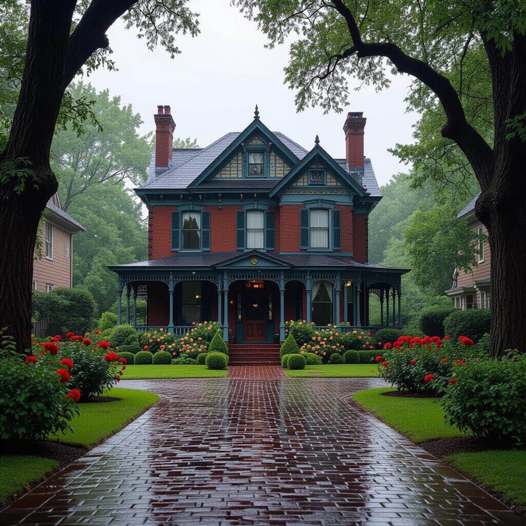 Victorian House on Rainy Day in Cinematic Film Style