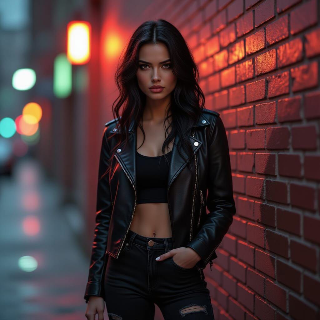 Defiant Woman in Leather Jacket Against Brick Wall