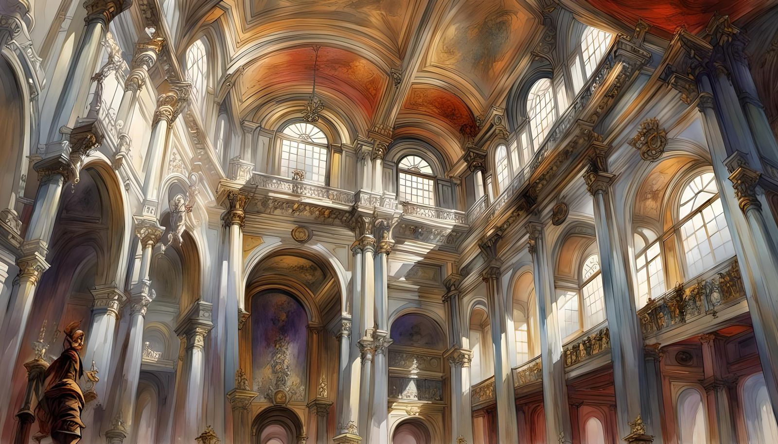 French Palace Great Hall in Watercolor Style