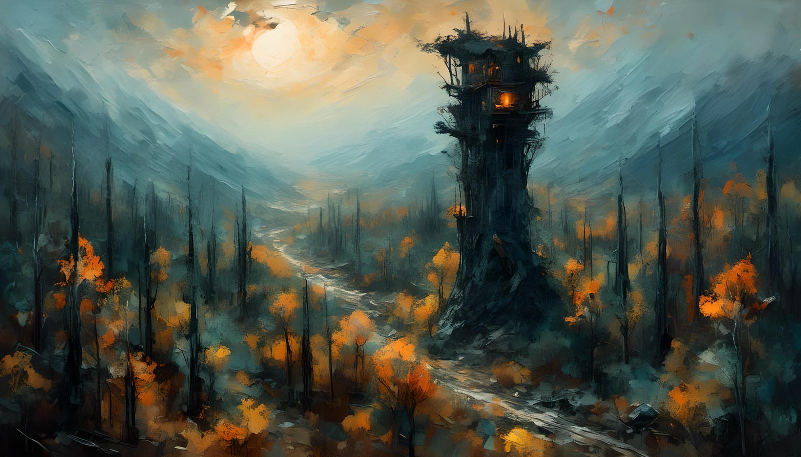 Eerie Watchtower Above Dark Forest at Midnight