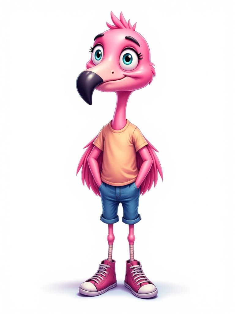 Cute Pink Cartoon Flamingo in Blue Jeans and Sneakers