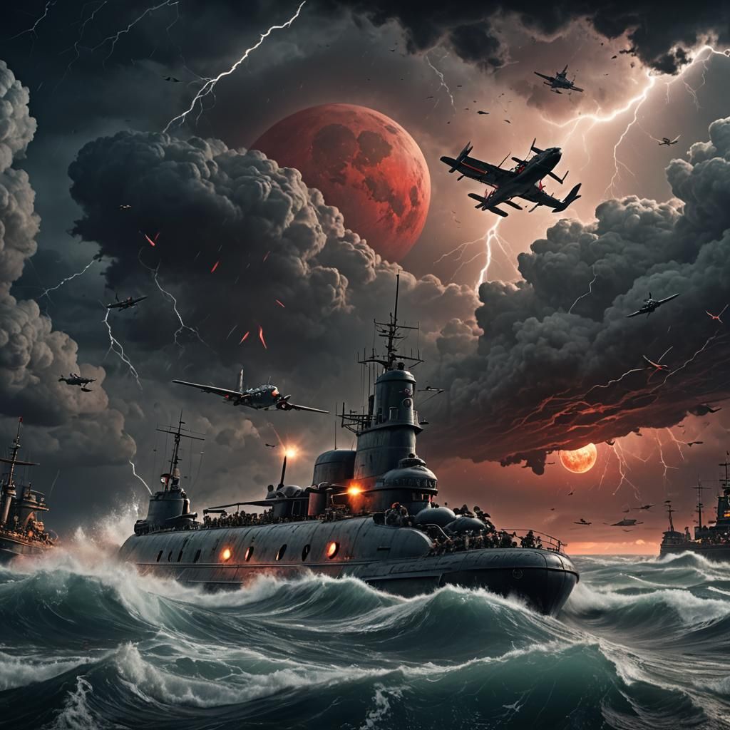 Submarine in Stormy Sea with Warplanes