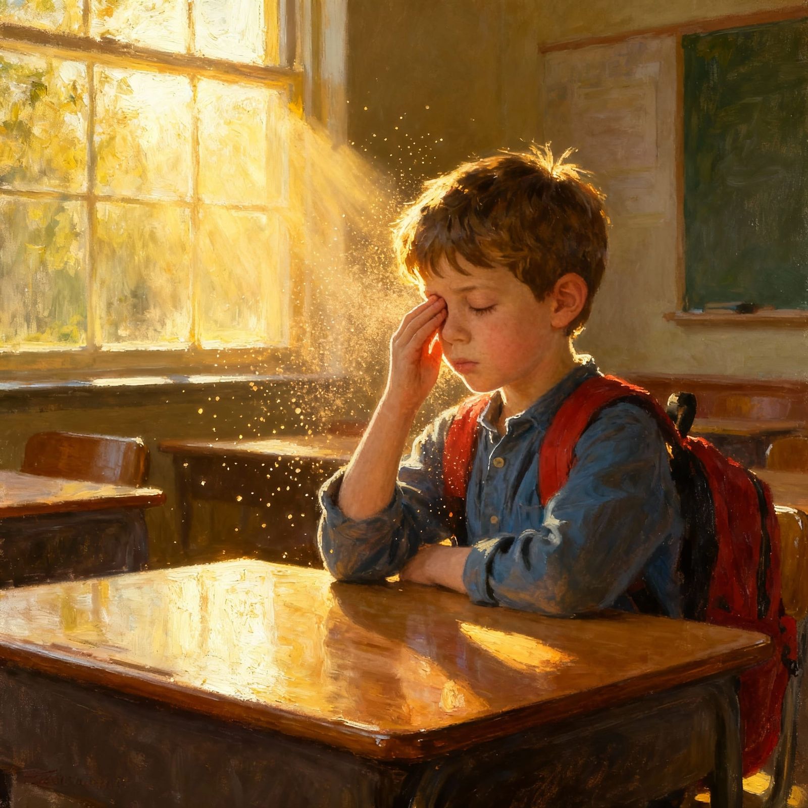 Tired 6-Year-Old Boy Rubs Eyes in Sunlit Classroom