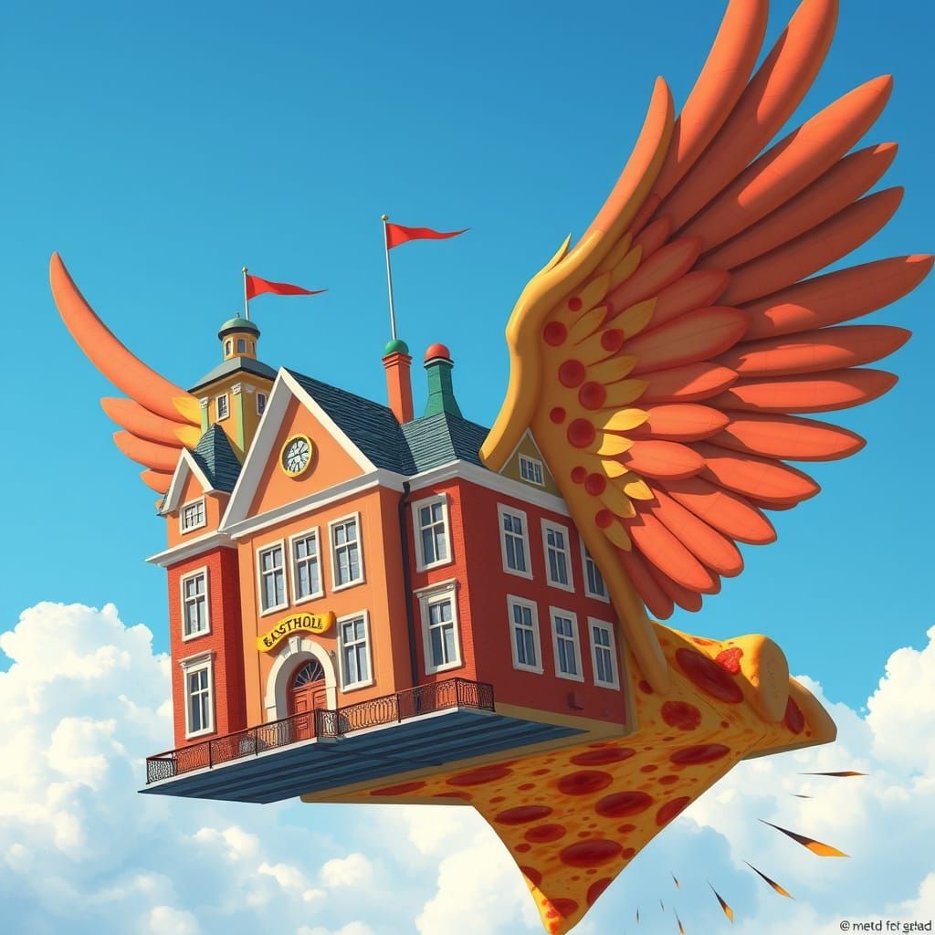 Flying Pizza-Powered School in Whimsical Style