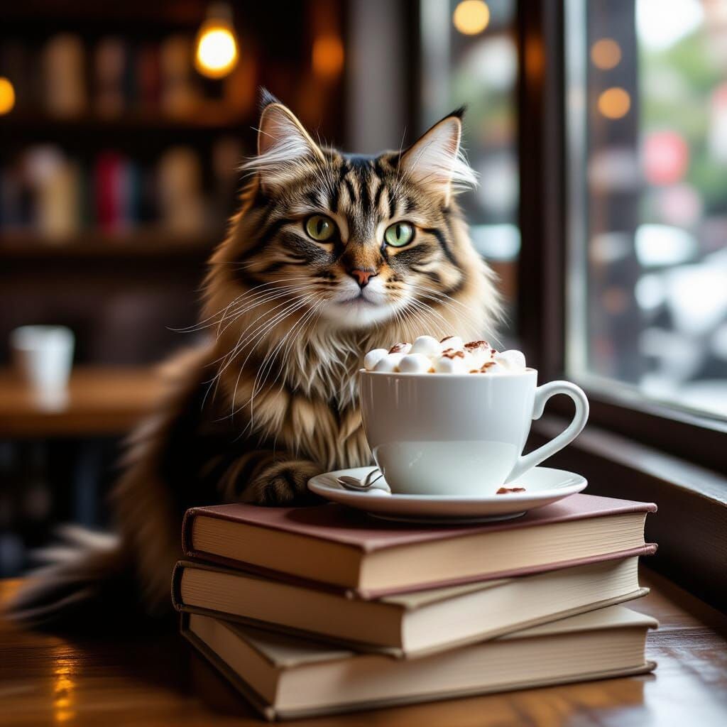 Fluffy Cat Enjoys Hot Chocolate at Cozy Cafe