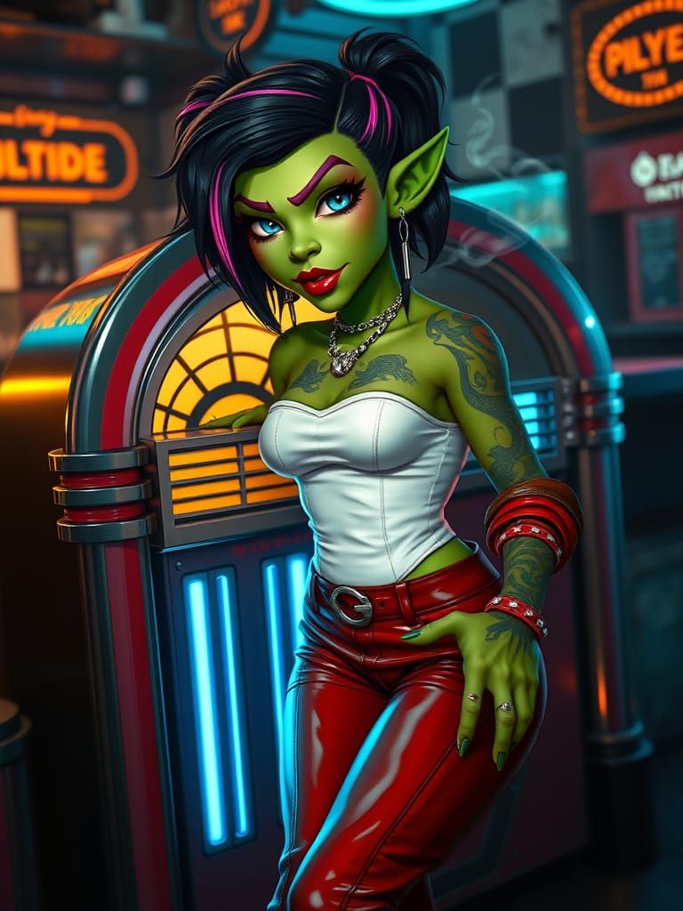 Cyberpunk Orc Girl with Tribal Tattoos and Neon Hues