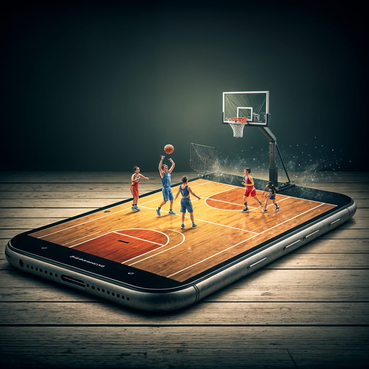 Hyperrealistic Basketball Game on Cracked Smartphone Screen