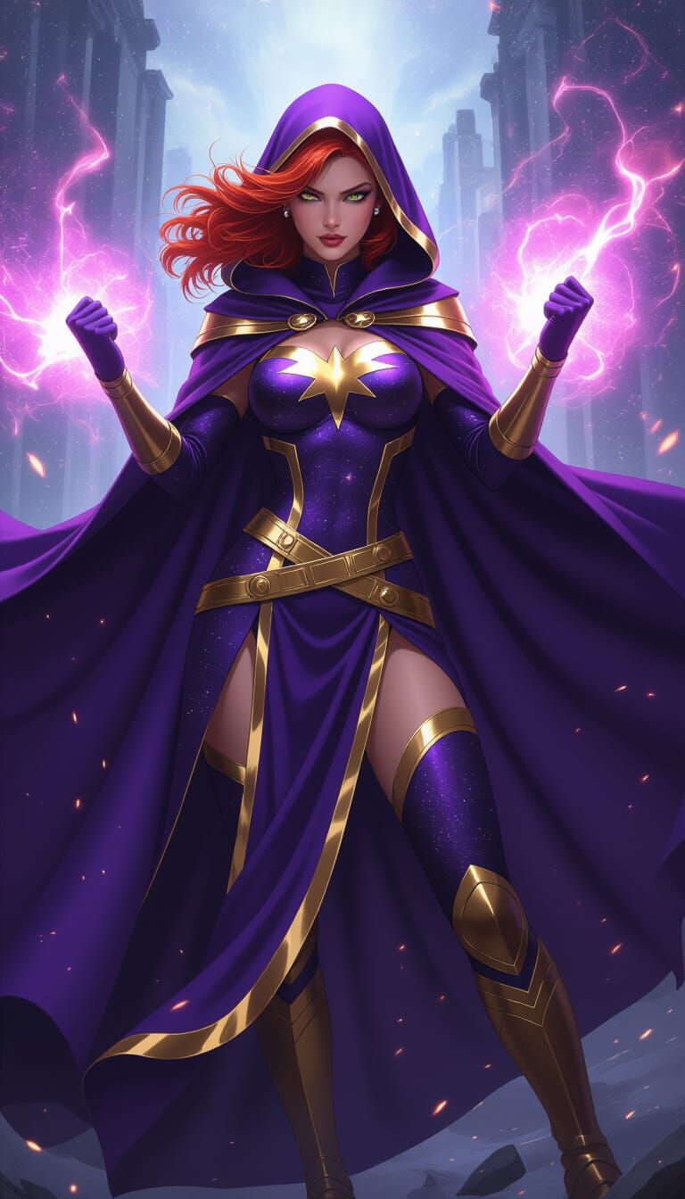 Cosmic Celestial Being in Fiery Red Hair and Purple Costume