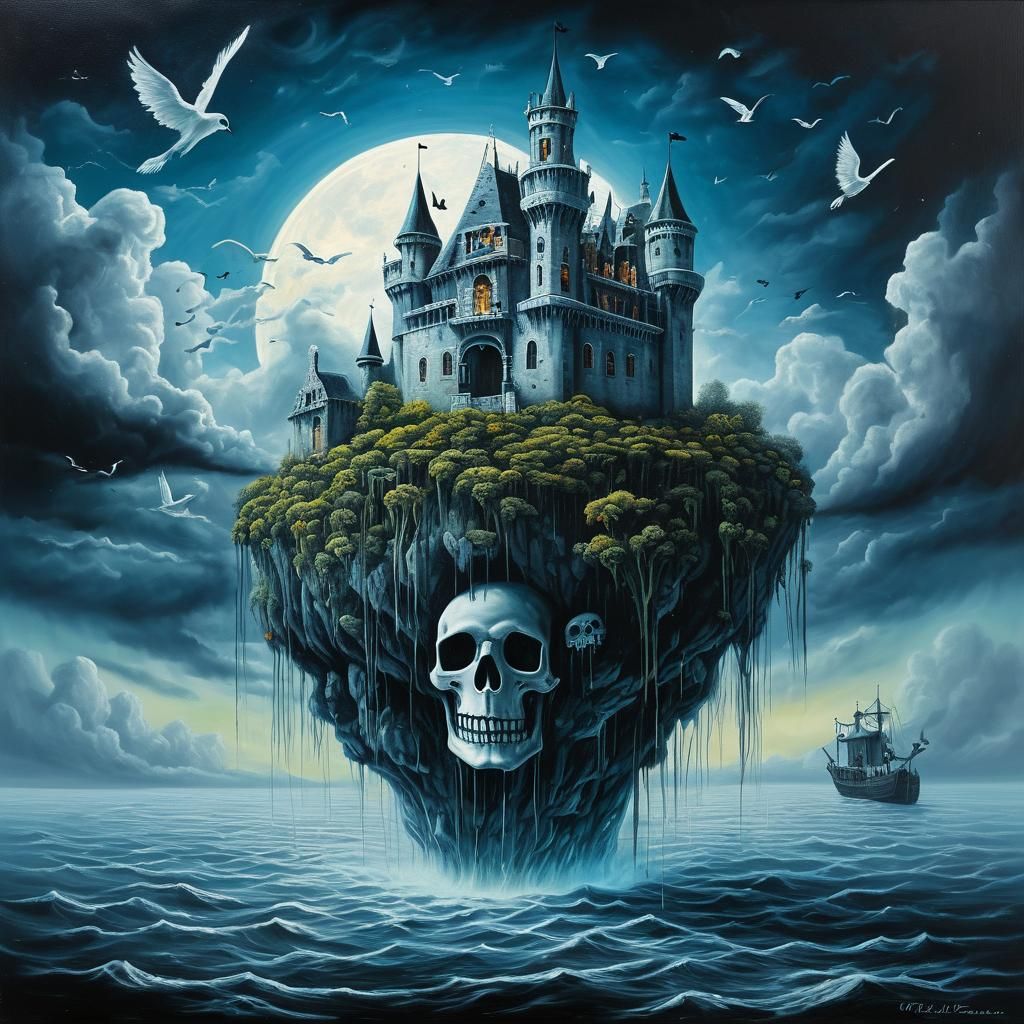 Surreal Floating Castle with Skulls and Planets