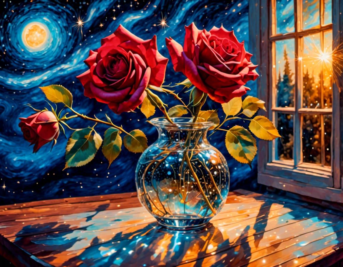Red Rose Against Starry Night, Van Gogh Style