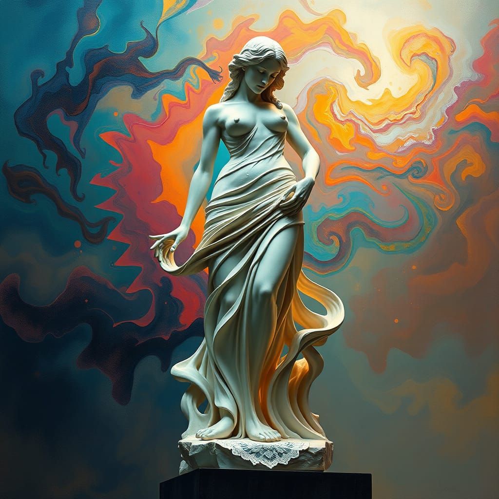 Ethereal Dreamscapes Statue in Cyberpunk Aesthetic