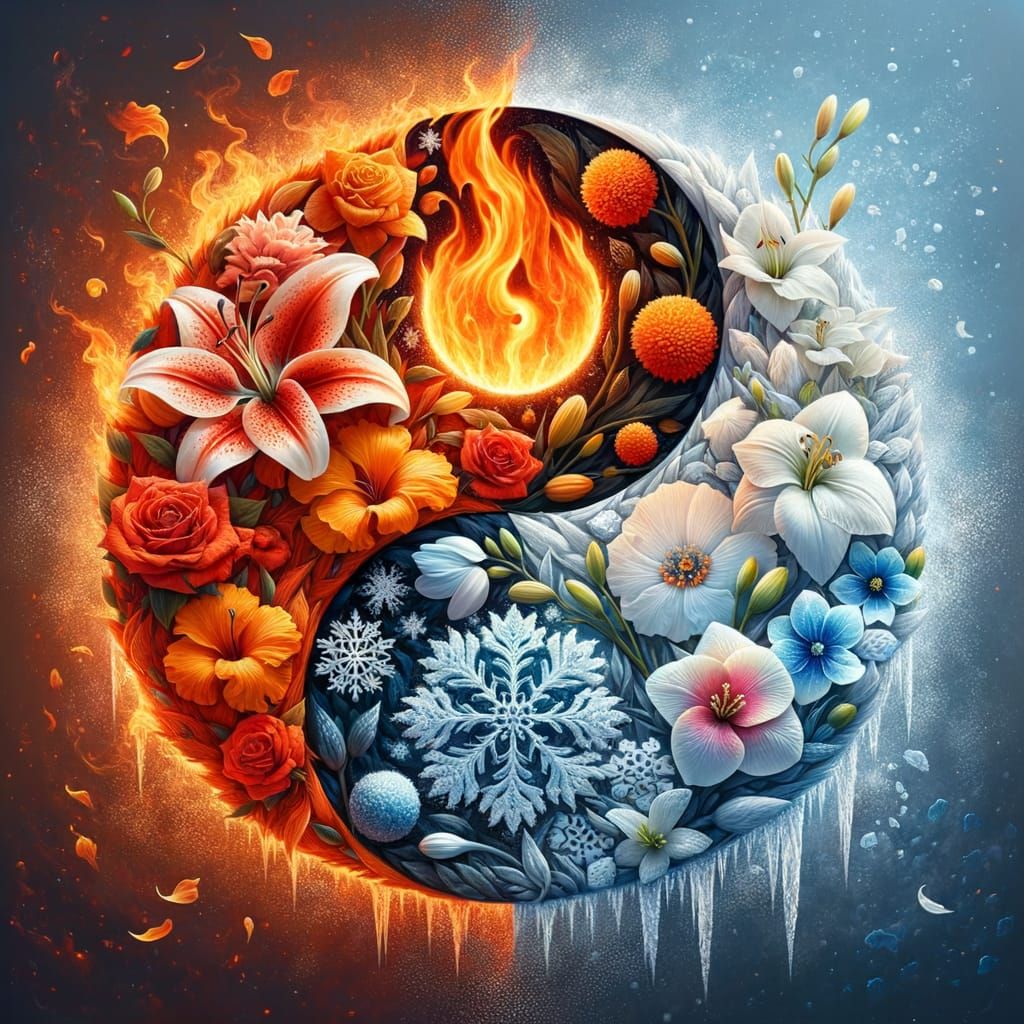 Yin Yang Symbol with Fire and Ice Flowers