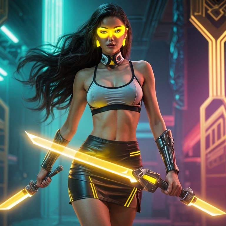 Elegant Sci-Fi Woman with Glowing Cyber Eyes and Technoblade