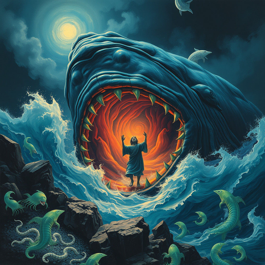 Jonah Emerges from Whale in a Mystical Sea