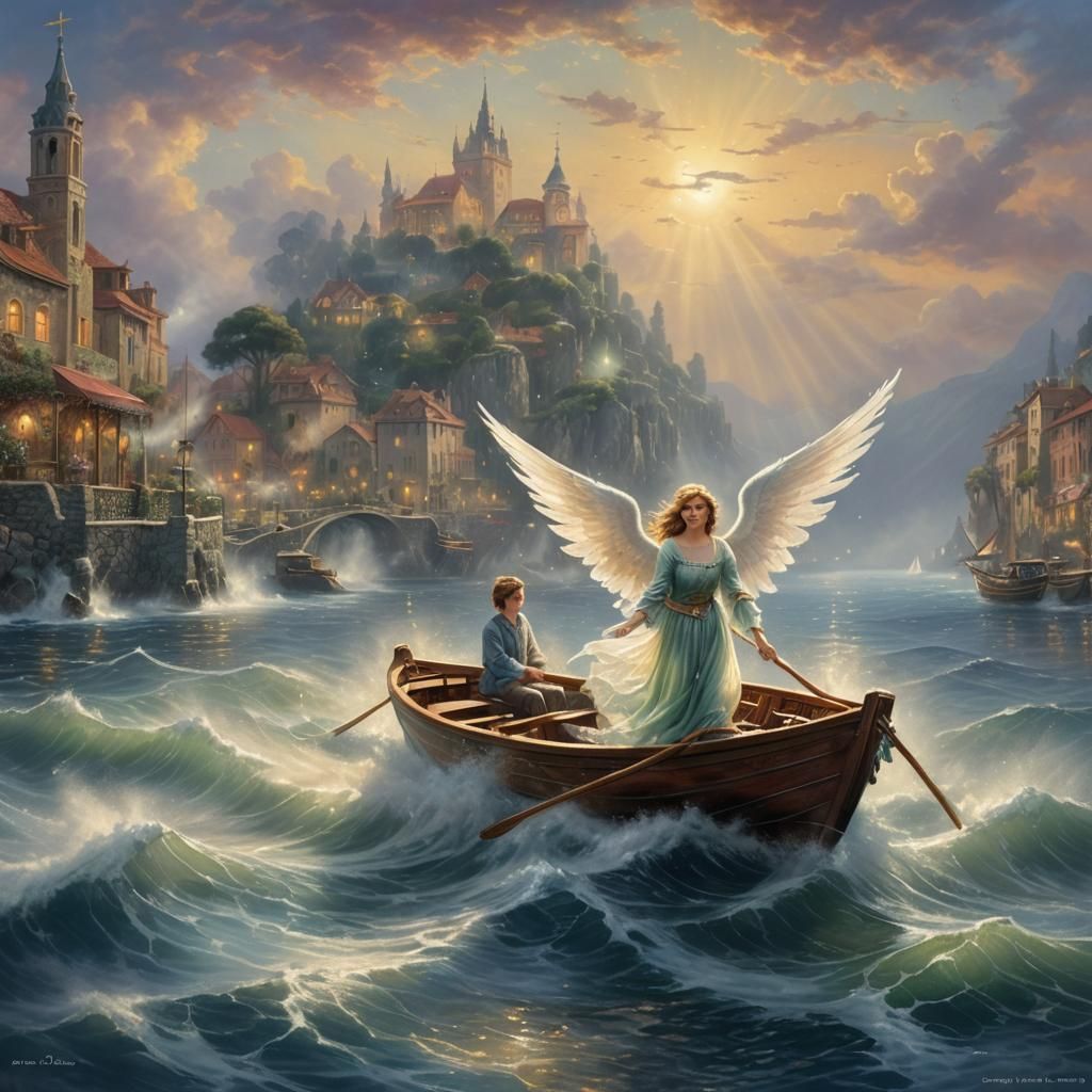 Ethereal Angel Sailing on Calm Sea