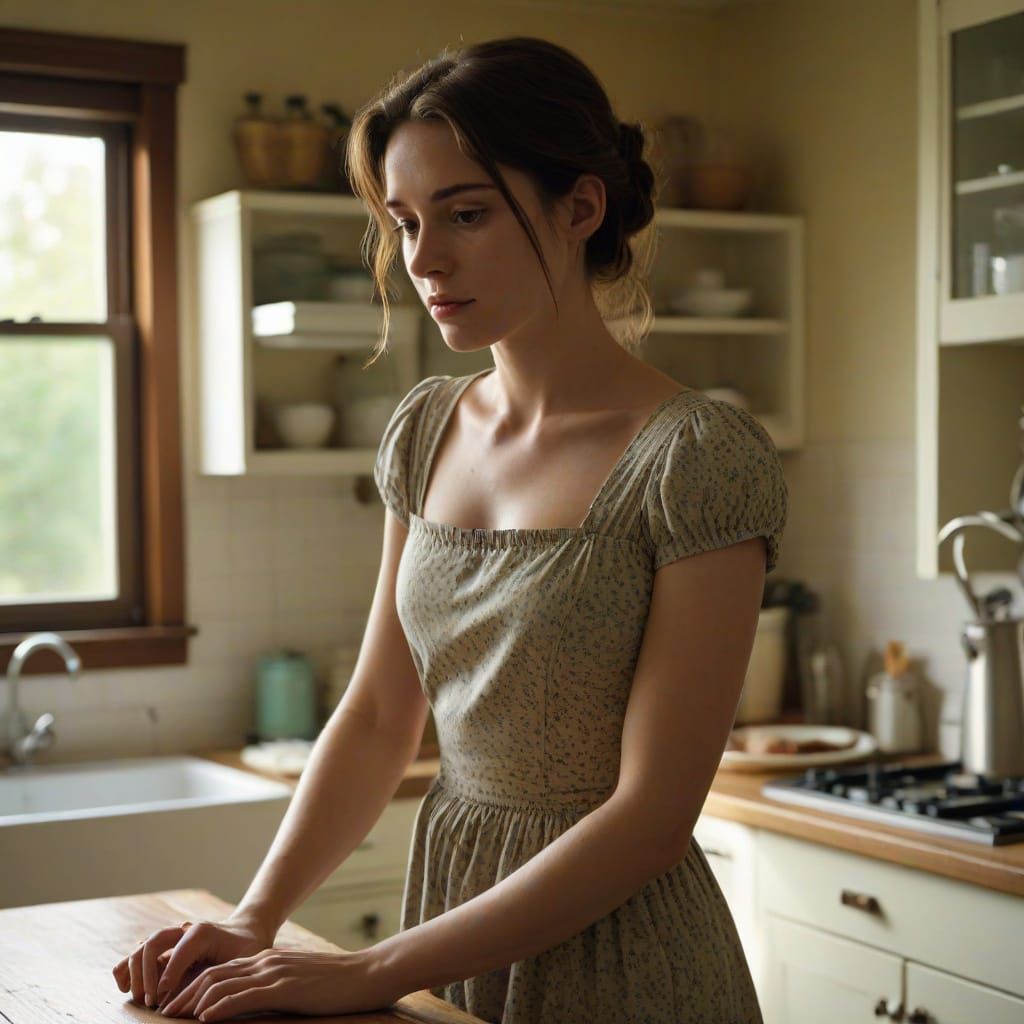 Devoted Homemaker in Warm Golden Kitchen